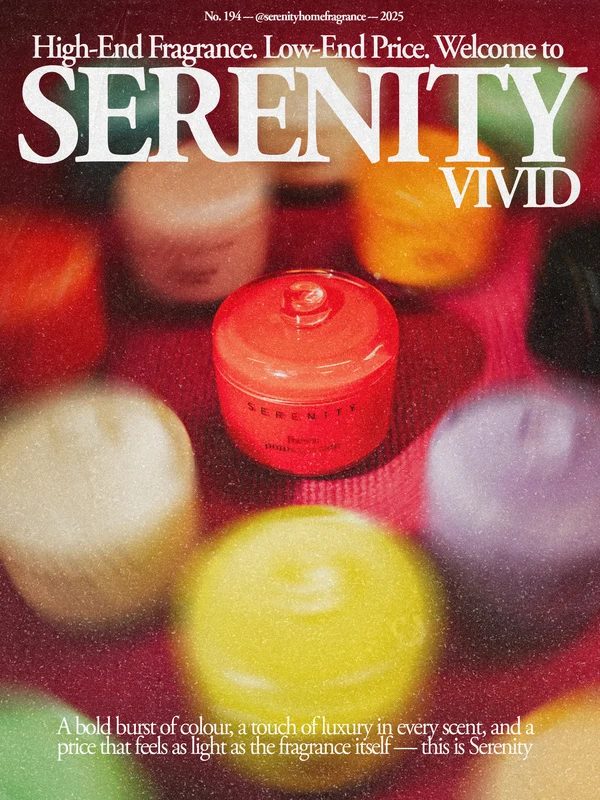 Serenity Vivid campaign poster with colourful glass candles
